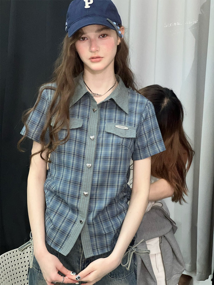 American Vintage Collegiate Slim Blue-Green Plaid Short-Sleeve Shirt【s0000017566】