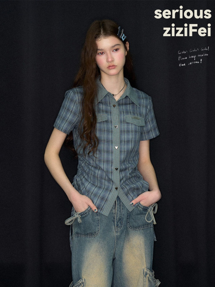 American Vintage Collegiate Slim Blue-Green Plaid Short-Sleeve Shirt【s0000017566】