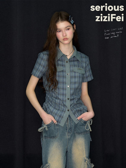 American Vintage Collegiate Slim Blue-Green Plaid Short-Sleeve Shirt【s0000017566】