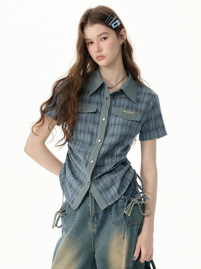 American Vintage Collegiate Slim Blue-Green Plaid Short-Sleeve Shirt【s0000017566】
