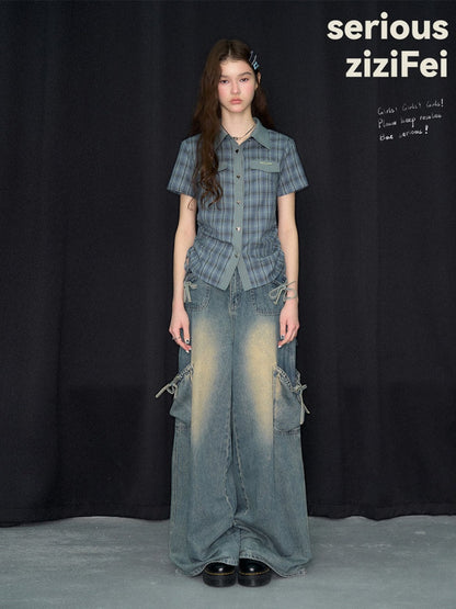 American Vintage Collegiate Slim Blue-Green Plaid Short-Sleeve Shirt【s0000017566】