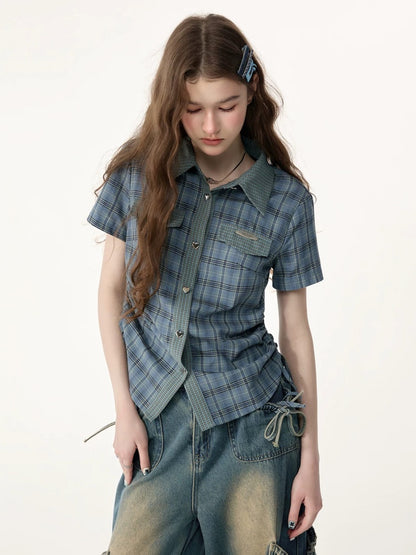 American Vintage Collegiate Slim Blue-Green Plaid Short-Sleeve Shirt【s0000017566】