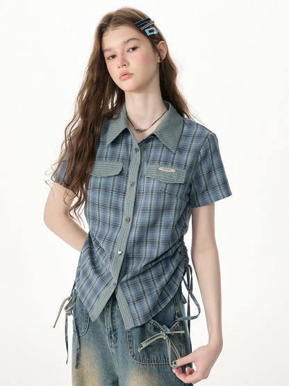 American Vintage Collegiate Slim Blue-Green Plaid Short-Sleeve Shirt【s0000017566】