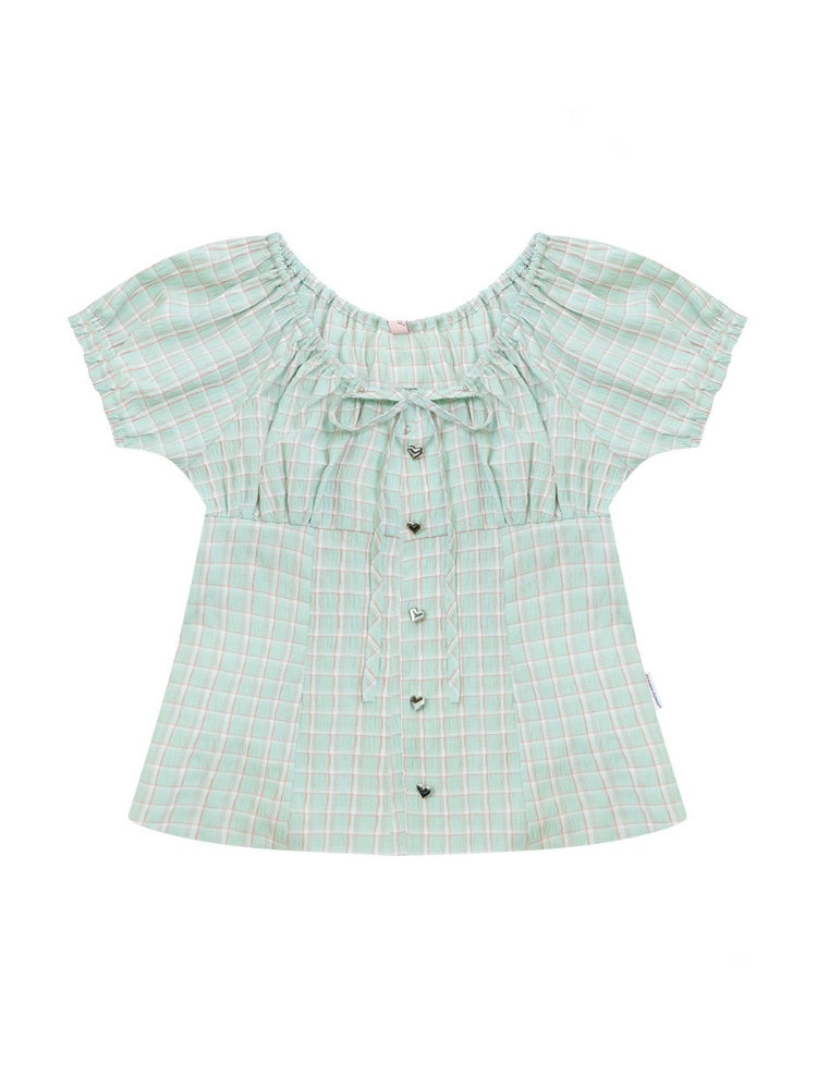 Green Plaid Slimming Puff Sleeve Shirt【s0000017567】