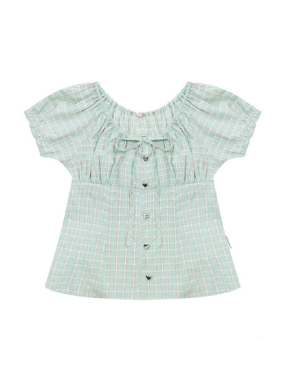 Green Plaid Slimming Puff Sleeve Shirt【s0000017567】