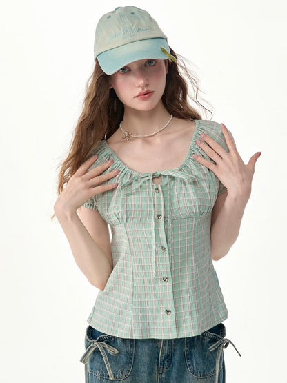Green Plaid Slimming Puff Sleeve Shirt【s0000017567】