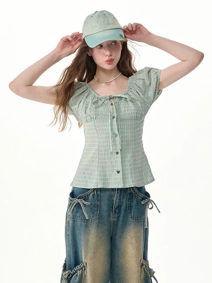 Green Plaid Slimming Puff Sleeve Shirt【s0000017567】