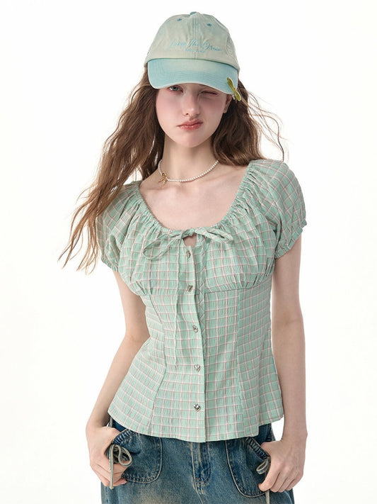 Green Plaid Slimming Puff Sleeve Shirt【s0000017567】