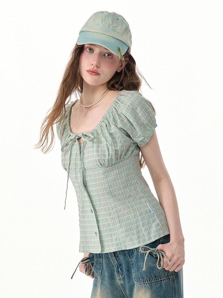 Green Plaid Slimming Puff Sleeve Shirt【s0000017567】