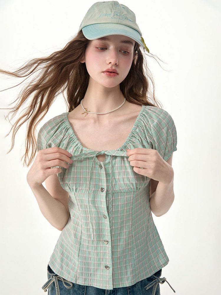 Green Plaid Slimming Puff Sleeve Shirt【s0000017567】