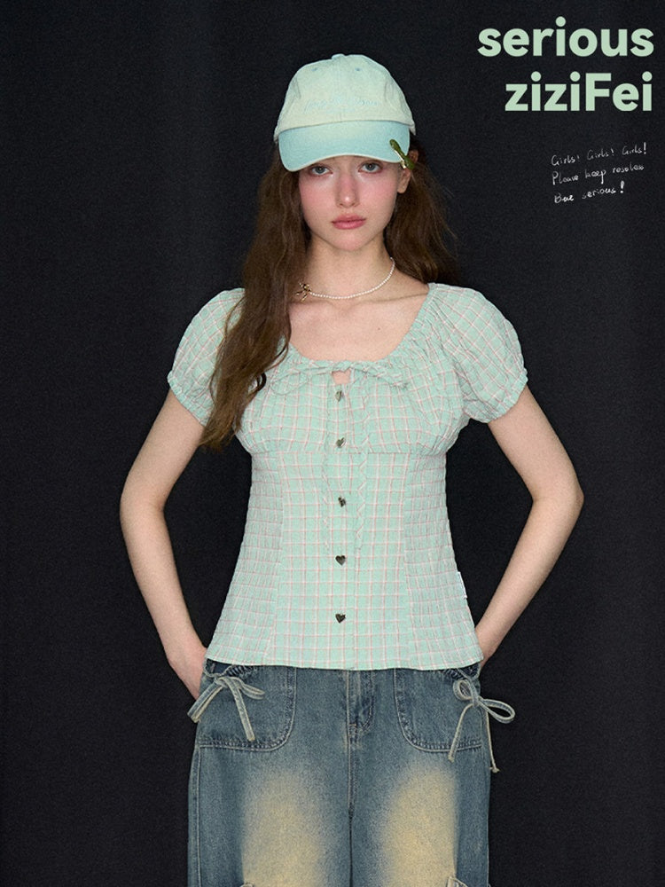 Green Plaid Slimming Puff Sleeve Shirt【s0000017567】
