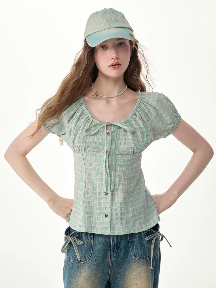 Green Plaid Slimming Puff Sleeve Shirt【s0000017567】