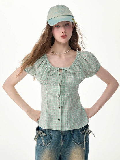 Green Plaid Slimming Puff Sleeve Shirt【s0000017567】