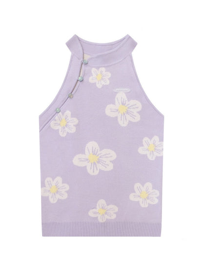Chinese Style Dreamy Purple Floral Halter-Neck Slim Fit Knit Tank Top【s0000017568】