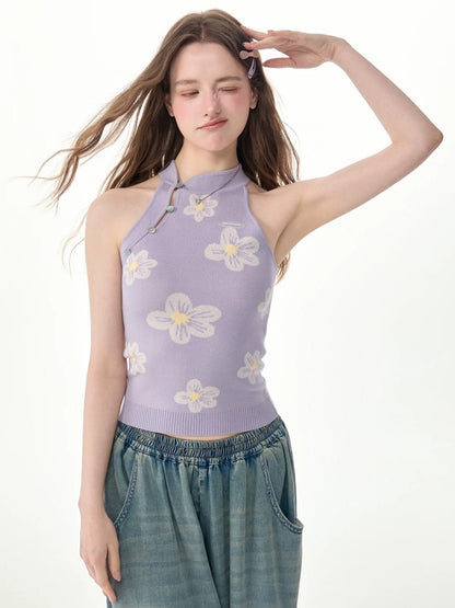 Chinese Style Dreamy Purple Floral Halter-Neck Slim Fit Knit Tank Top【s0000017568】