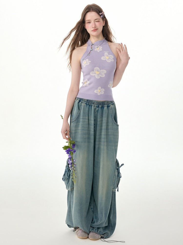 Chinese Style Dreamy Purple Floral Halter-Neck Slim Fit Knit Tank Top【s0000017568】