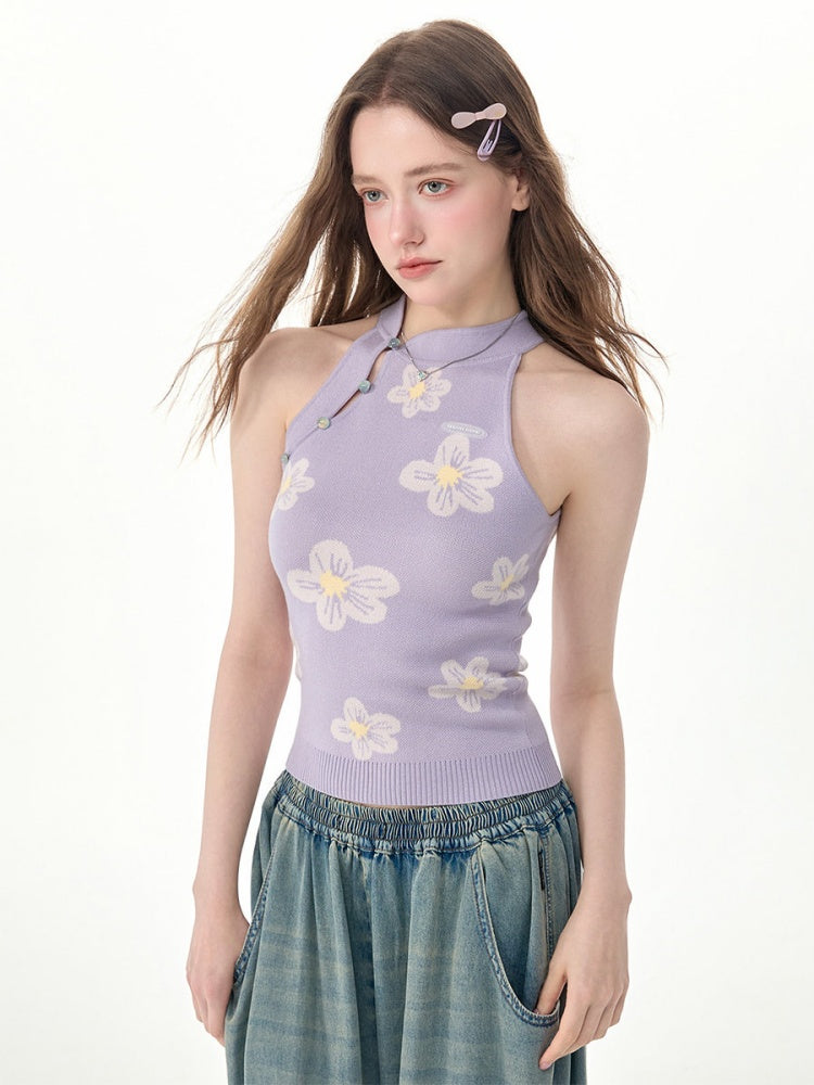 Chinese Style Dreamy Purple Floral Halter-Neck Slim Fit Knit Tank Top【s0000017568】
