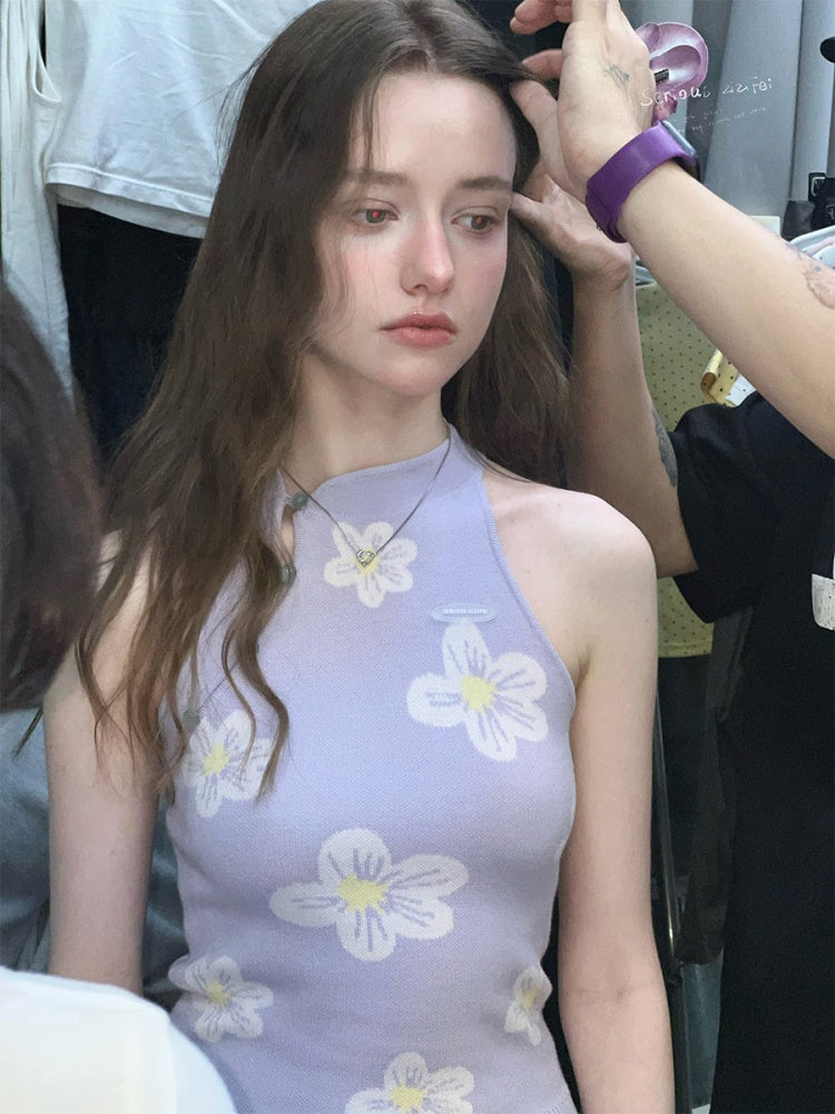 Chinese Style Dreamy Purple Floral Halter-Neck Slim Fit Knit Tank Top【s0000017568】