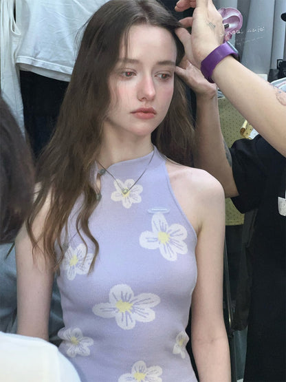 Chinese Style Dreamy Purple Floral Halter-Neck Slim Fit Knit Tank Top【s0000017568】