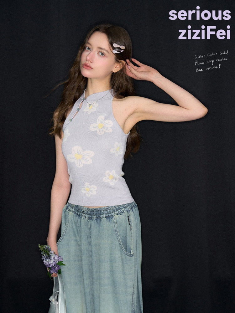 Chinese Style Dreamy Purple Floral Halter-Neck Slim Fit Knit Tank Top【s0000017568】