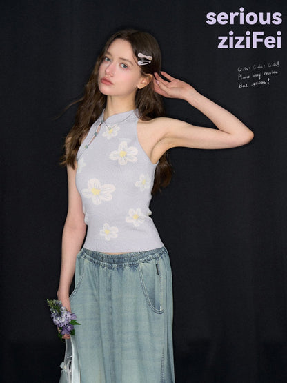 Chinese Style Dreamy Purple Floral Halter-Neck Slim Fit Knit Tank Top【s0000017568】