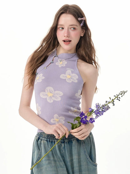 Chinese Style Dreamy Purple Floral Halter-Neck Slim Fit Knit Tank Top【s0000017568】
