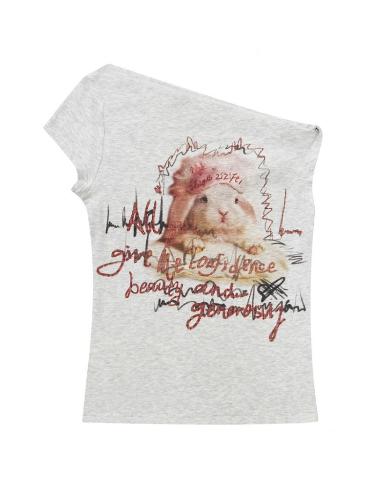 Off-Shoulder Rabbit Print Gray Short-Sleeve T-Shirt【s0000017569】