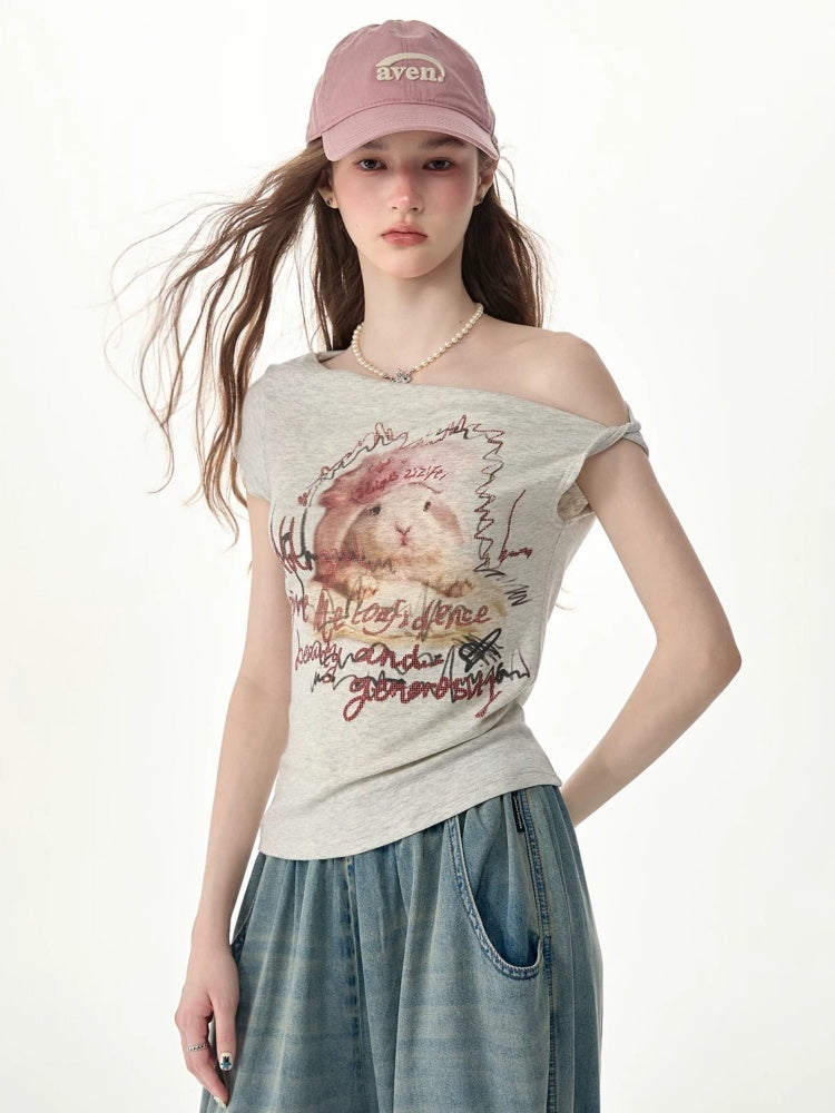 Off-Shoulder Rabbit Print Gray Short-Sleeve T-Shirt【s0000017569】
