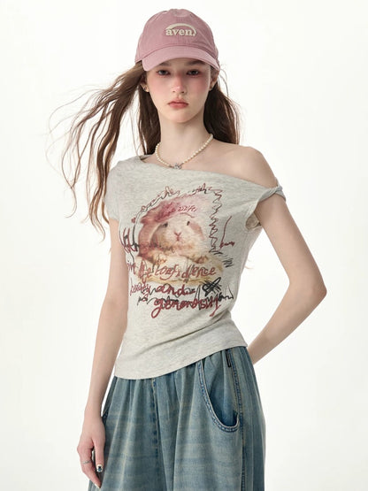Off-Shoulder Rabbit Print Gray Short-Sleeve T-Shirt【s0000017569】