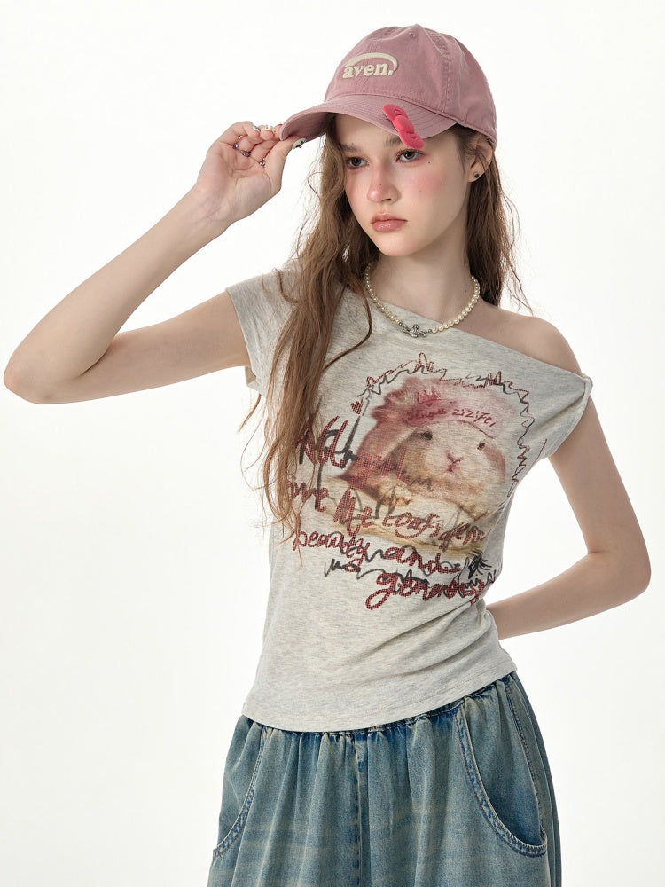 Off-Shoulder Rabbit Print Gray Short-Sleeve T-Shirt【s0000017569】