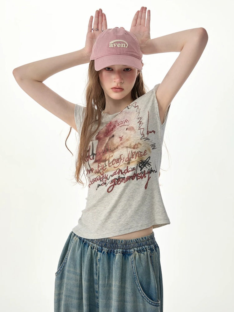 Off-Shoulder Rabbit Print Gray Short-Sleeve T-Shirt【s0000017569】