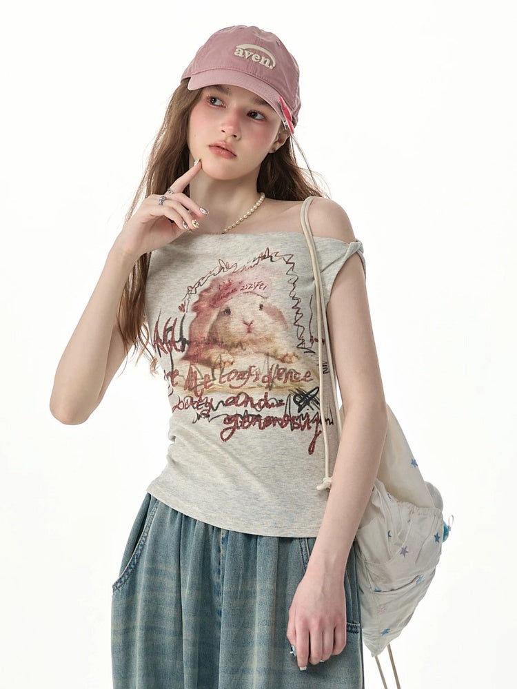 Off-Shoulder Rabbit Print Gray Short-Sleeve T-Shirt【s0000017569】
