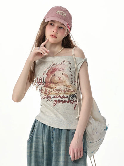 Off-Shoulder Rabbit Print Gray Short-Sleeve T-Shirt【s0000017569】