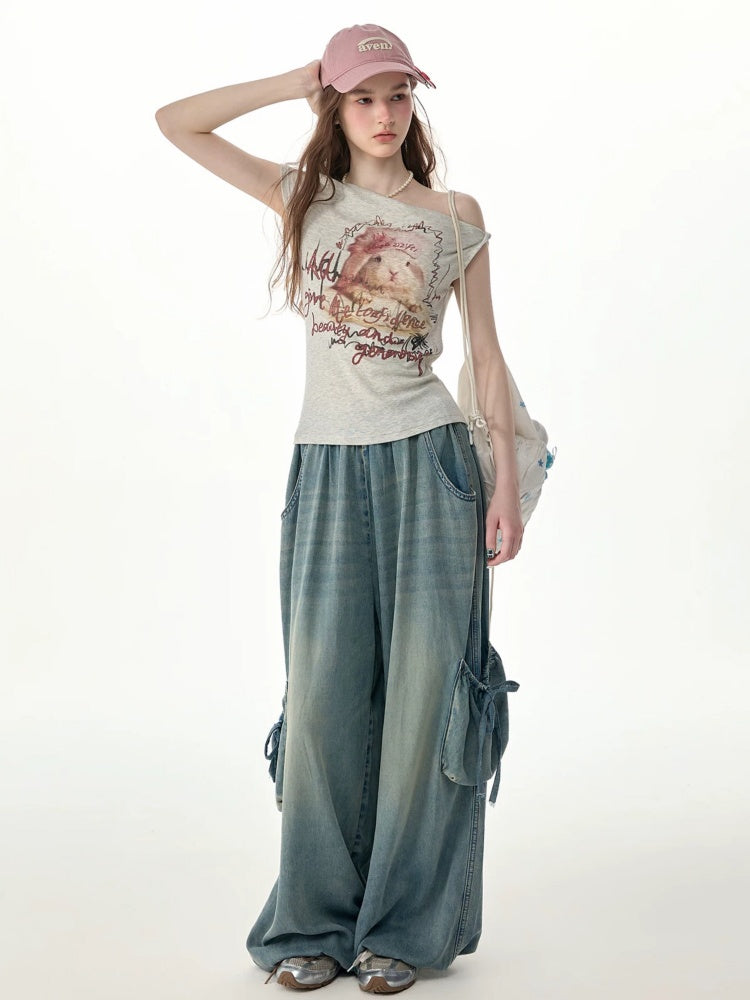 Off-Shoulder Rabbit Print Gray Short-Sleeve T-Shirt【s0000017569】