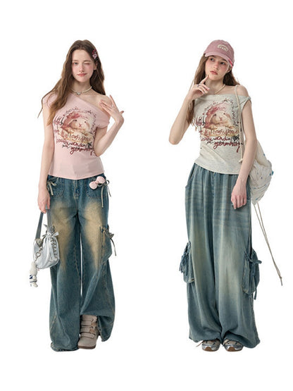 Off-Shoulder Rabbit Print Gray Short-Sleeve T-Shirt【s0000017569】