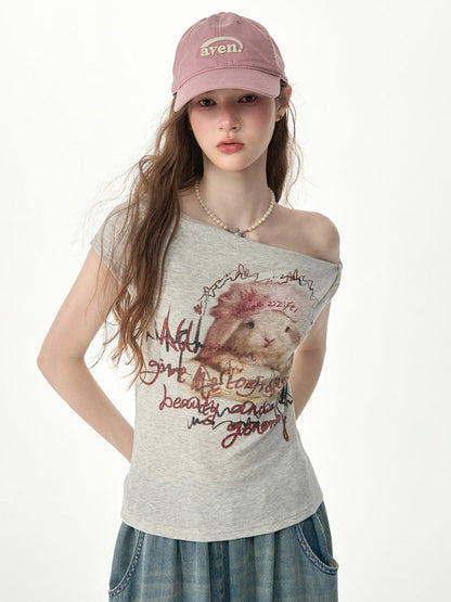 Off-Shoulder Rabbit Print Gray Short-Sleeve T-Shirt【s0000017569】