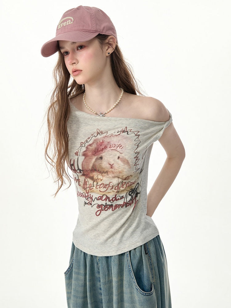 Off-Shoulder Rabbit Print Gray Short-Sleeve T-Shirt【s0000017569】