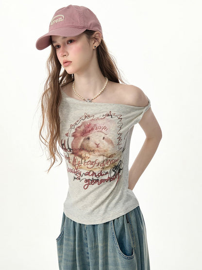 Off-Shoulder Rabbit Print Gray Short-Sleeve T-Shirt【s0000017569】