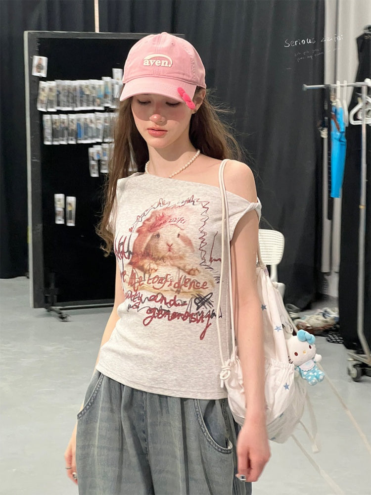 Off-Shoulder Rabbit Print Gray Short-Sleeve T-Shirt【s0000017569】