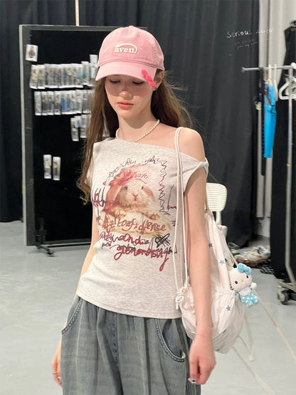 Off-Shoulder Rabbit Print Gray Short-Sleeve T-Shirt【s0000017569】
