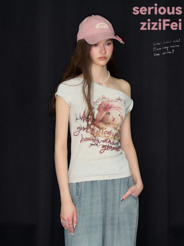 Off-Shoulder Rabbit Print Gray Short-Sleeve T-Shirt【s0000017569】