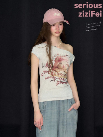 Off-Shoulder Rabbit Print Gray Short-Sleeve T-Shirt【s0000017569】