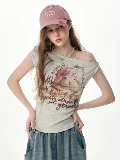 Off-Shoulder Rabbit Print Gray Short-Sleeve T-Shirt【s0000017569】