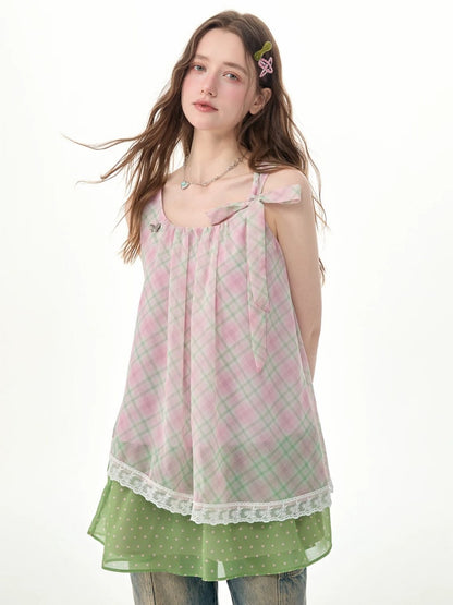 Sweet Pink Plaid Patchwork Lace Strap Dress【s0000017571】