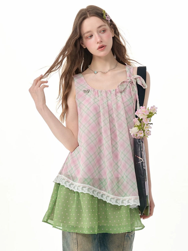 Sweet Pink Plaid Patchwork Lace Strap Dress【s0000017571】