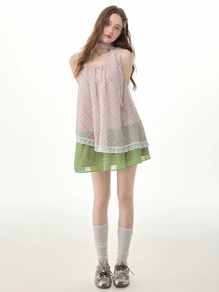 Sweet Pink Plaid Patchwork Lace Strap Dress【s0000017571】