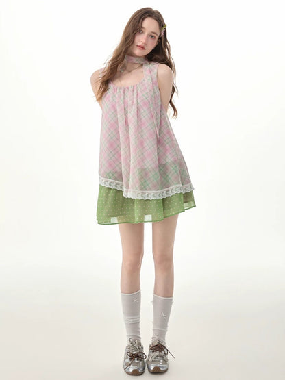 Sweet Pink Plaid Patchwork Lace Strap Dress【s0000017571】