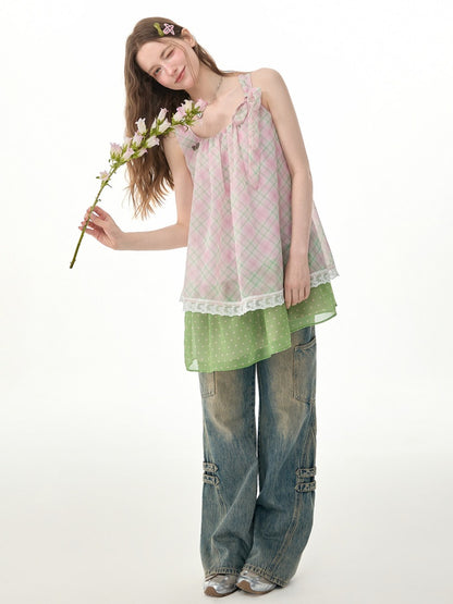 Sweet Pink Plaid Patchwork Lace Strap Dress【s0000017571】