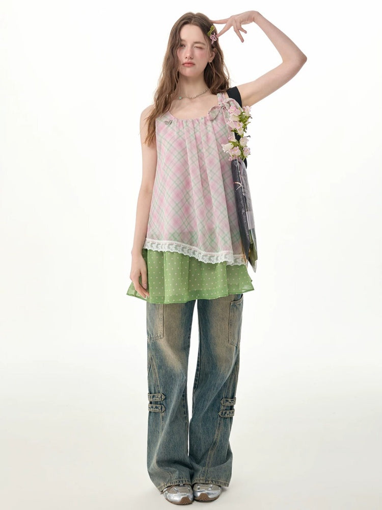 Sweet Pink Plaid Patchwork Lace Strap Dress【s0000017571】