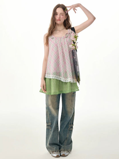 Sweet Pink Plaid Patchwork Lace Strap Dress【s0000017571】